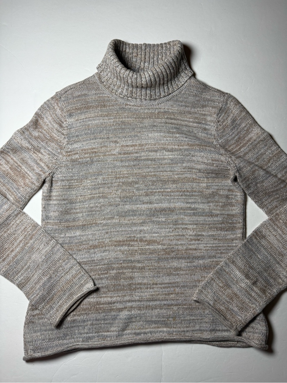 Jeanne Pierre  100% Cotton Marled Turtleneck Sweater Rolled Hem Neutral M